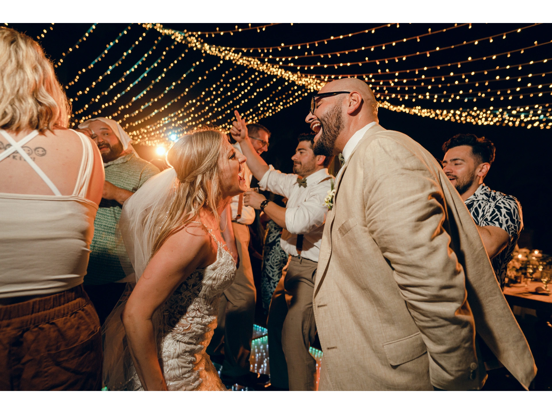 Wedding reception with string lights